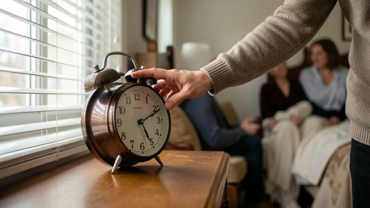 Generic image of a hand turning off an alarm clock in the morning.