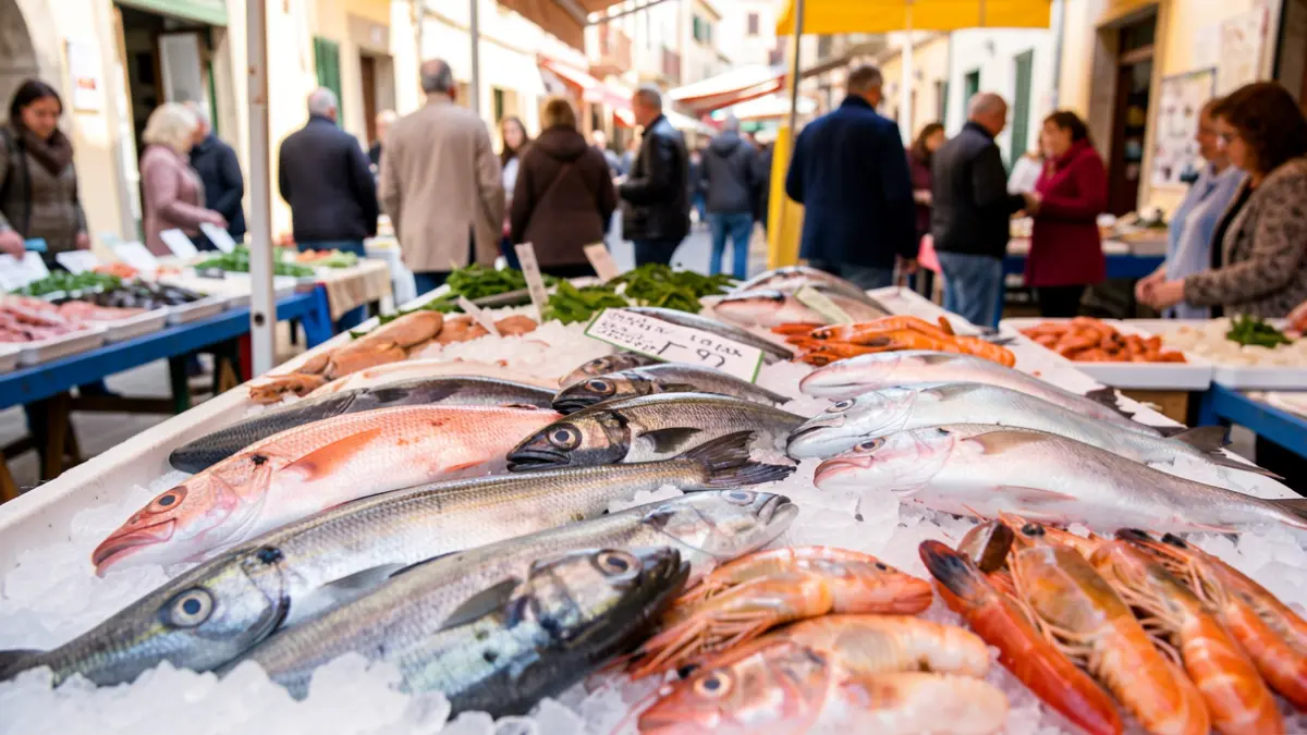 Fresh fish and seafood displayed at a market in Roses.