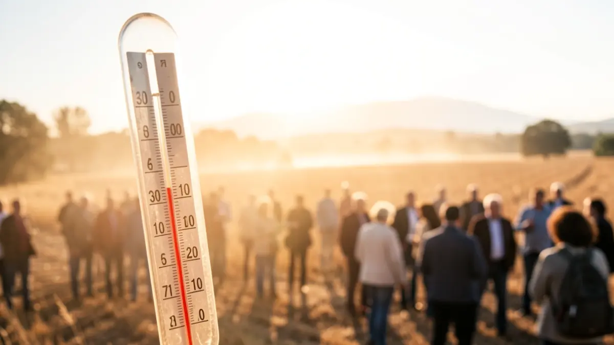 Thermometer showing an extremely high temperature under a scorching sun, with a blurred background of dry fields in Catalunya.