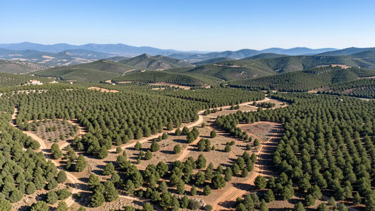 Aerial view of a forest landscape in Garrotxa with strategic clearings.