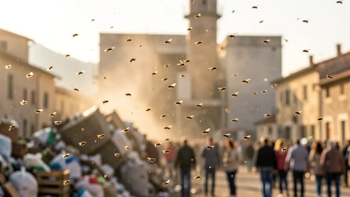 Generic image of a fly infestation in an industrial setting.