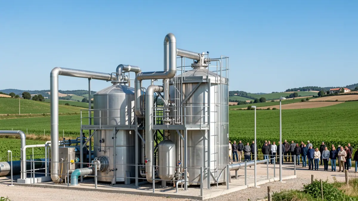 Industrial biogas plant infrastructure with pipes and tanks in a rural Catalan landscape.