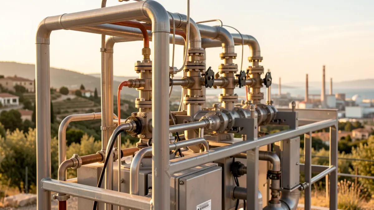 Generic image of an industrial electrolyzer in a Mediterranean setting.