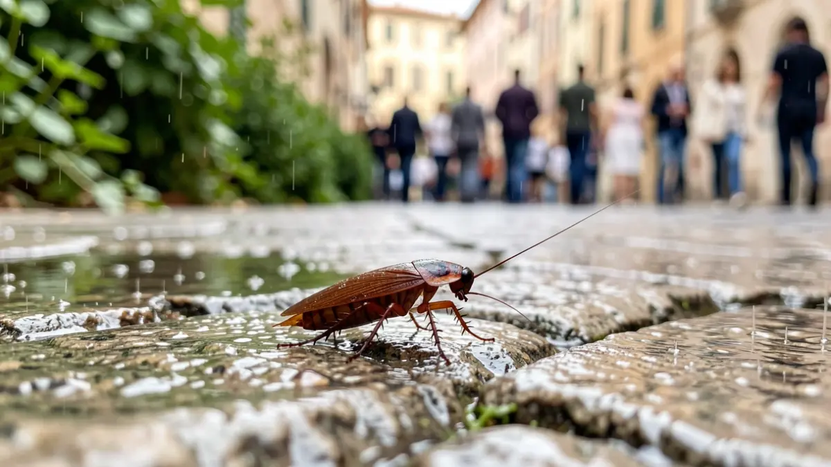 Generic image of a cockroach in a wet urban environment.