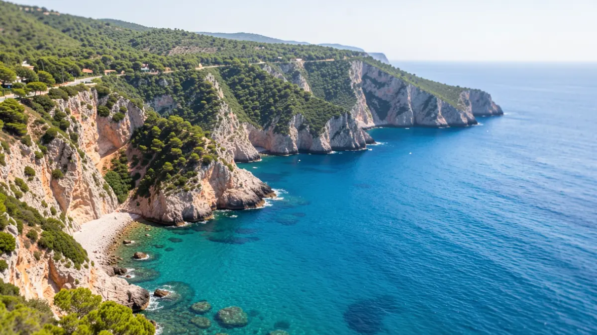 Vista aèria de la costa de la Costa Brava amb penya-segats i cales.