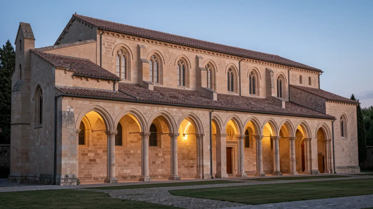 Imagen genérica del exterior del Monasterio de Poblet al atardecer.