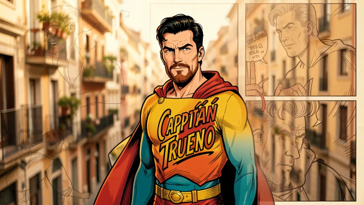 Il·lustració de l'heroi de còmic El Capitán Trueno sobre un fons difuminat del barri de Vallcarca a Barcelona.