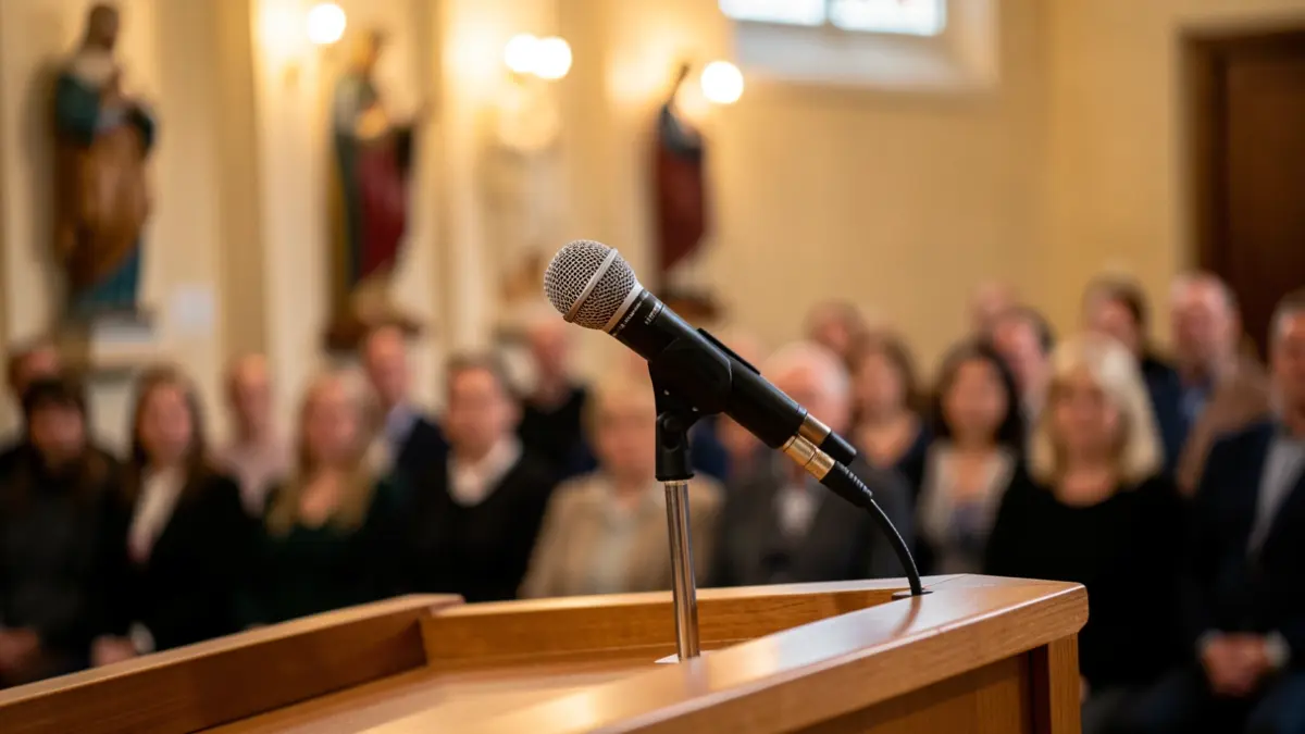 Generic image of a podium with a microphone.