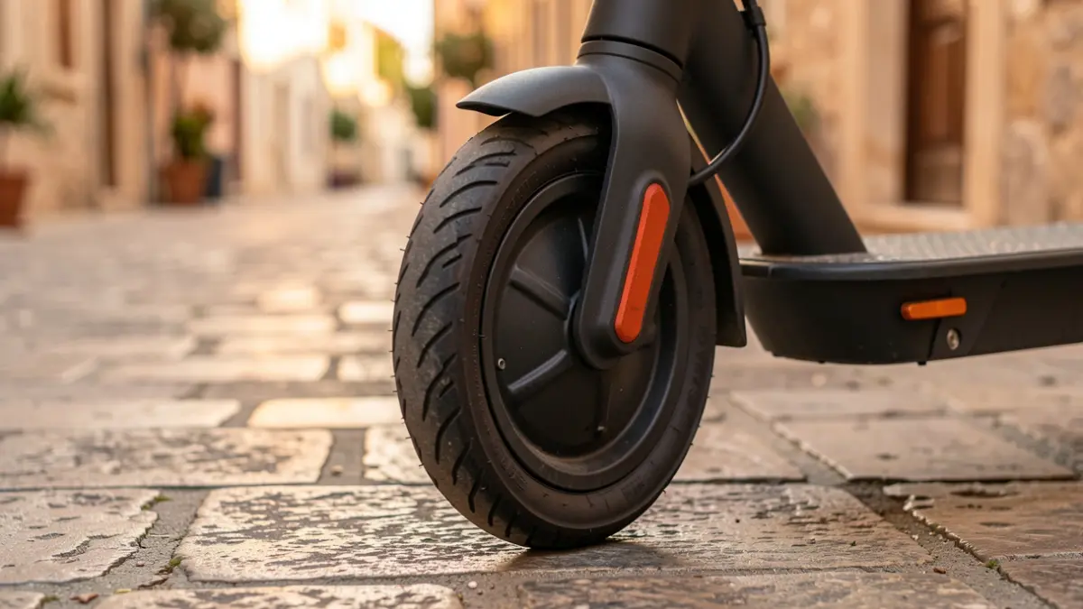 Imagen genérica de un patinete eléctrico aparcado en una calle empedrada al atardecer.
