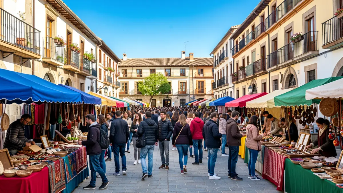 Jóvenes participando en la Comarkalada en Ponts, con puestos que muestran oficios tradicionales.