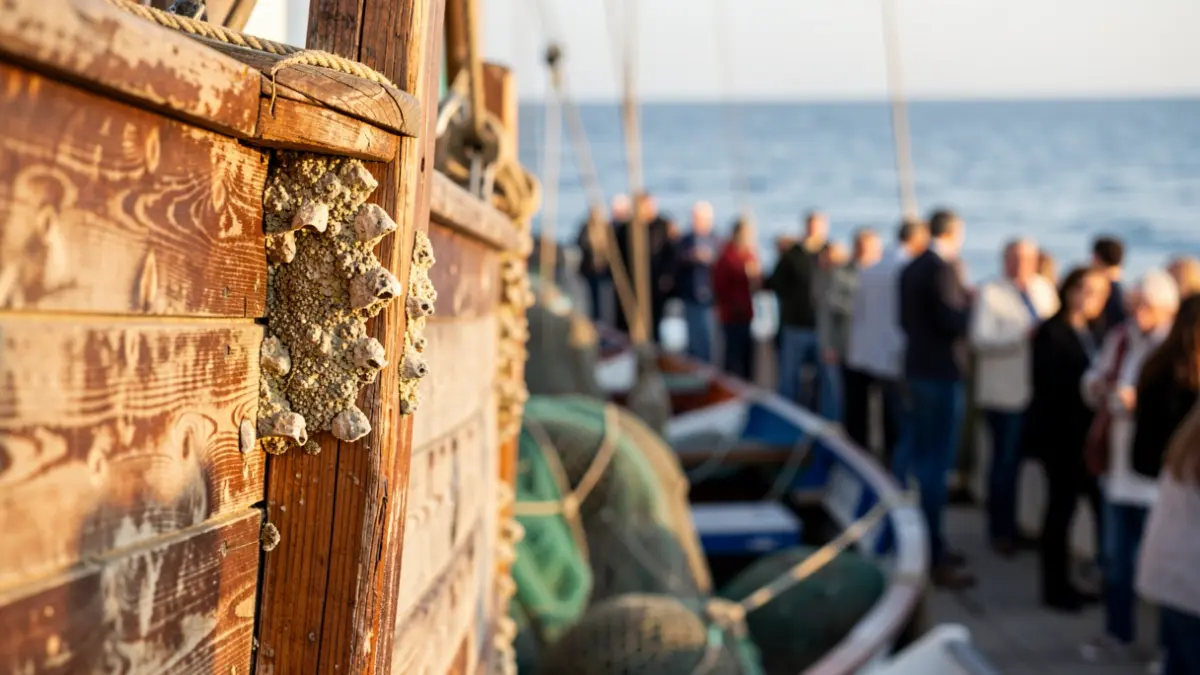 Detall d'un casc de fusta d'un vaixell pesquer sota la llum del sol mediterrani.