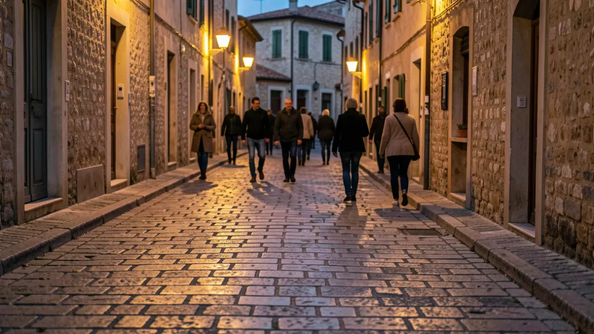 Generic image of a Mediterranean neighborhood street at dusk.