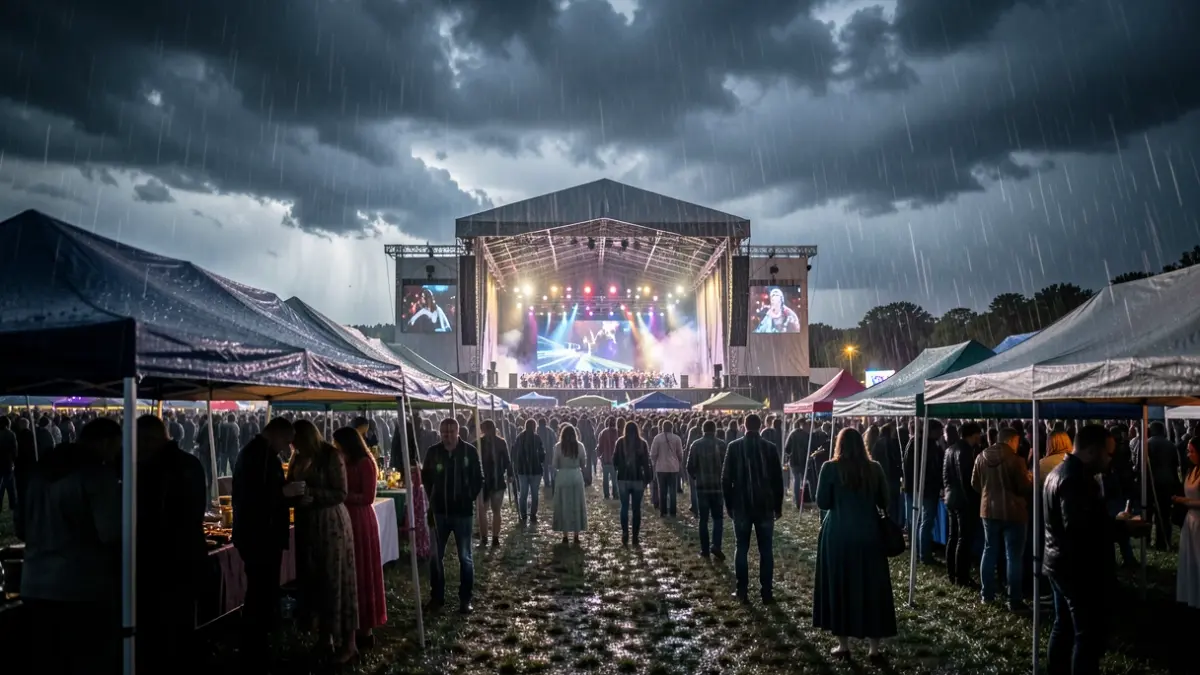 Generic image of a music festival affected by a storm with heavy rain.