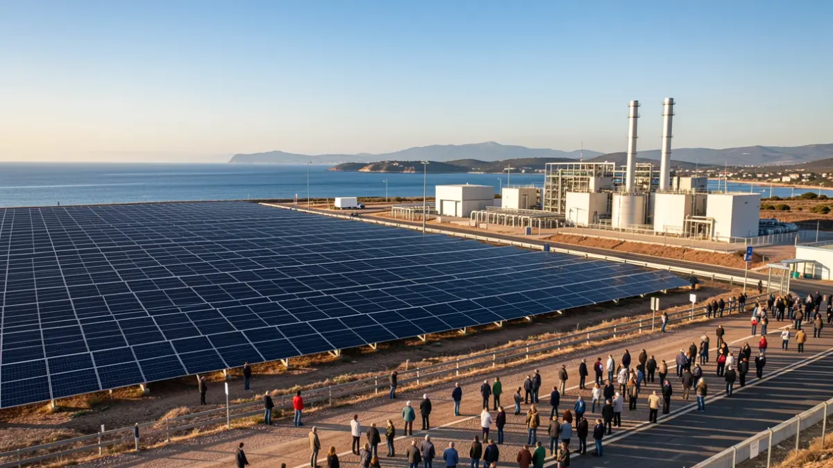 Generic image of a green hydrogen plant with solar panels.