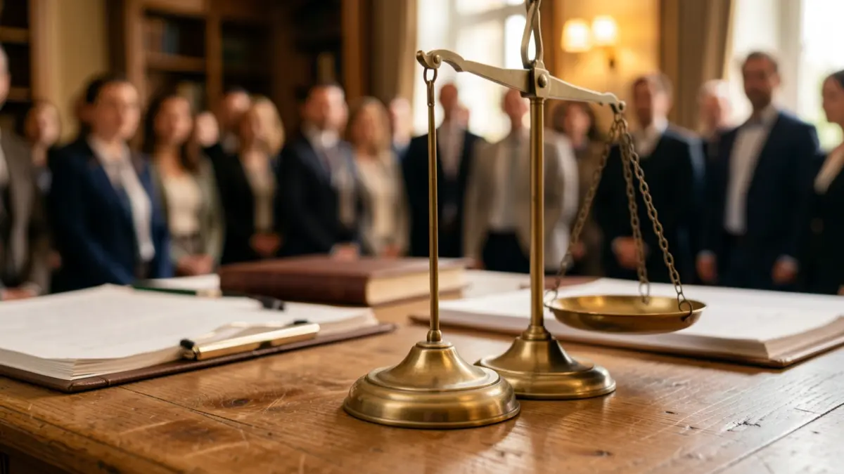 Imatge genèrica d'una balança de la justícia sobre un escriptori.
