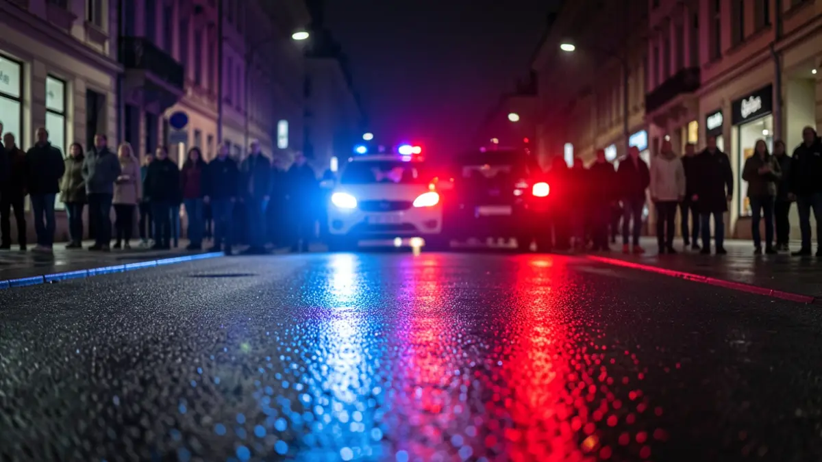 Imagen genérica de luces de emergencia reflejándose en asfalto mojado por la noche.