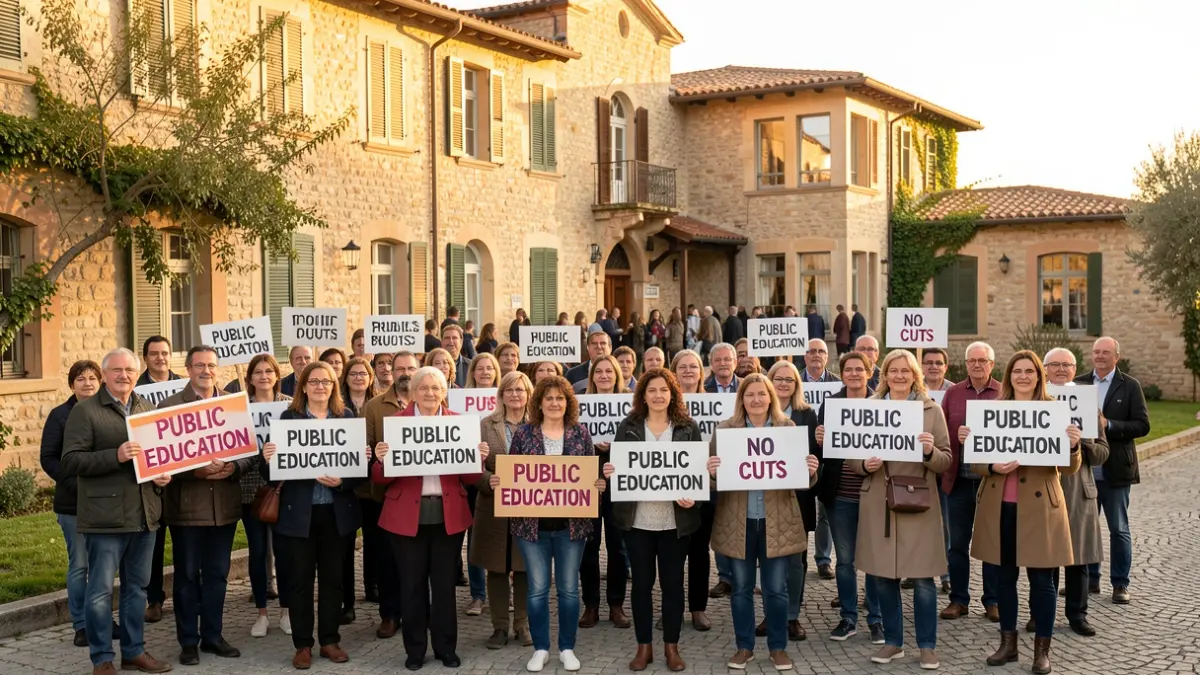 Manifestació de mestres i famílies davant d'una escola a Terrassa.
