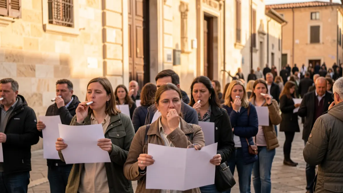 Imatge genèrica de manifestants protestant davant d'un edifici públic.