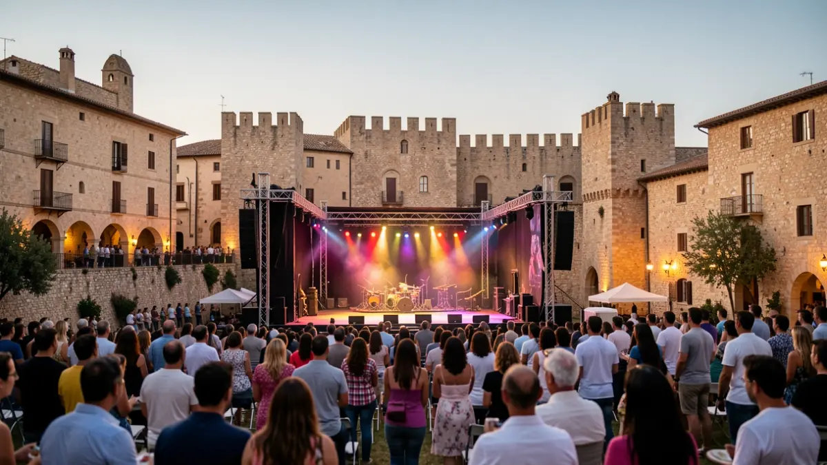 Imatge genèrica d'un escenari de festival de música a l'aire lliure amb arquitectura històrica al fons.
