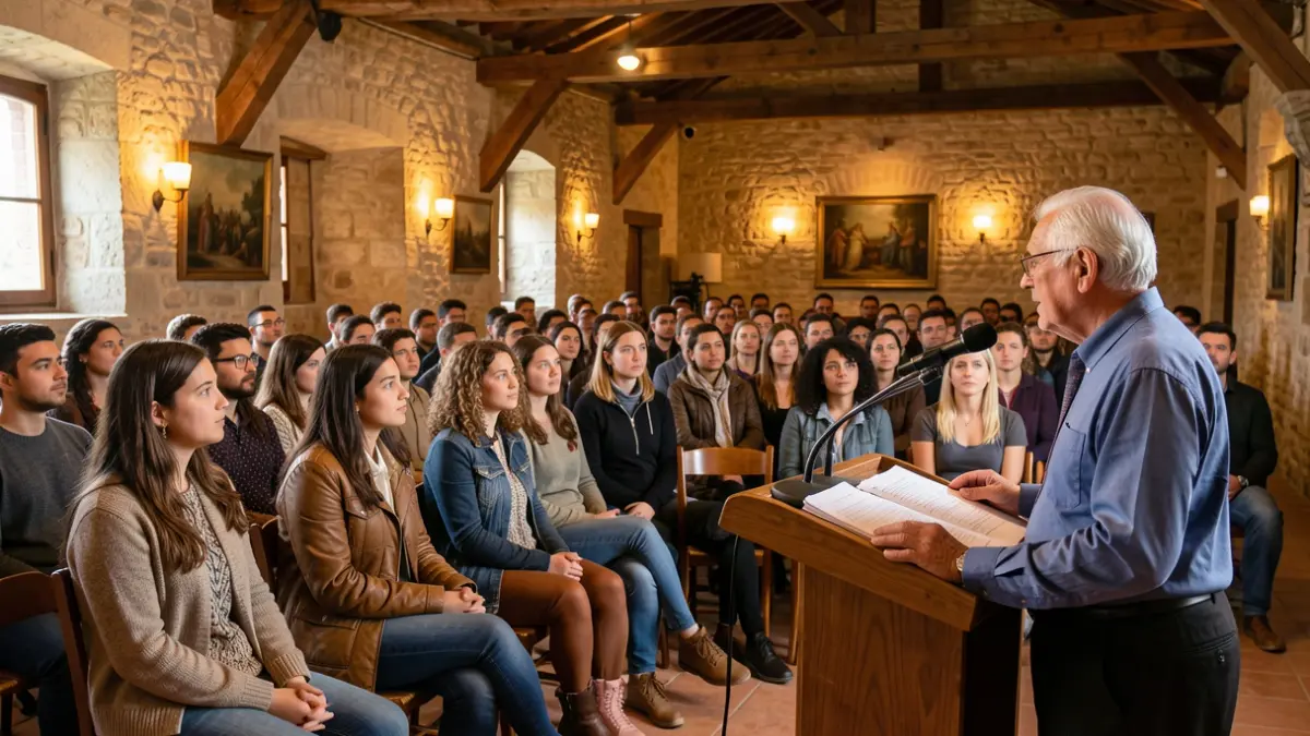 Generic image of a political event with young people and a speaker.