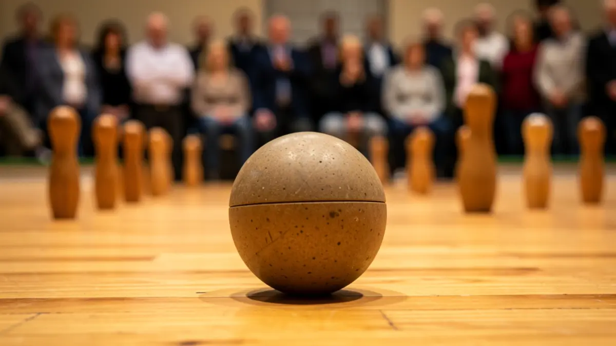Generic image of a boccia ball on a wooden court.