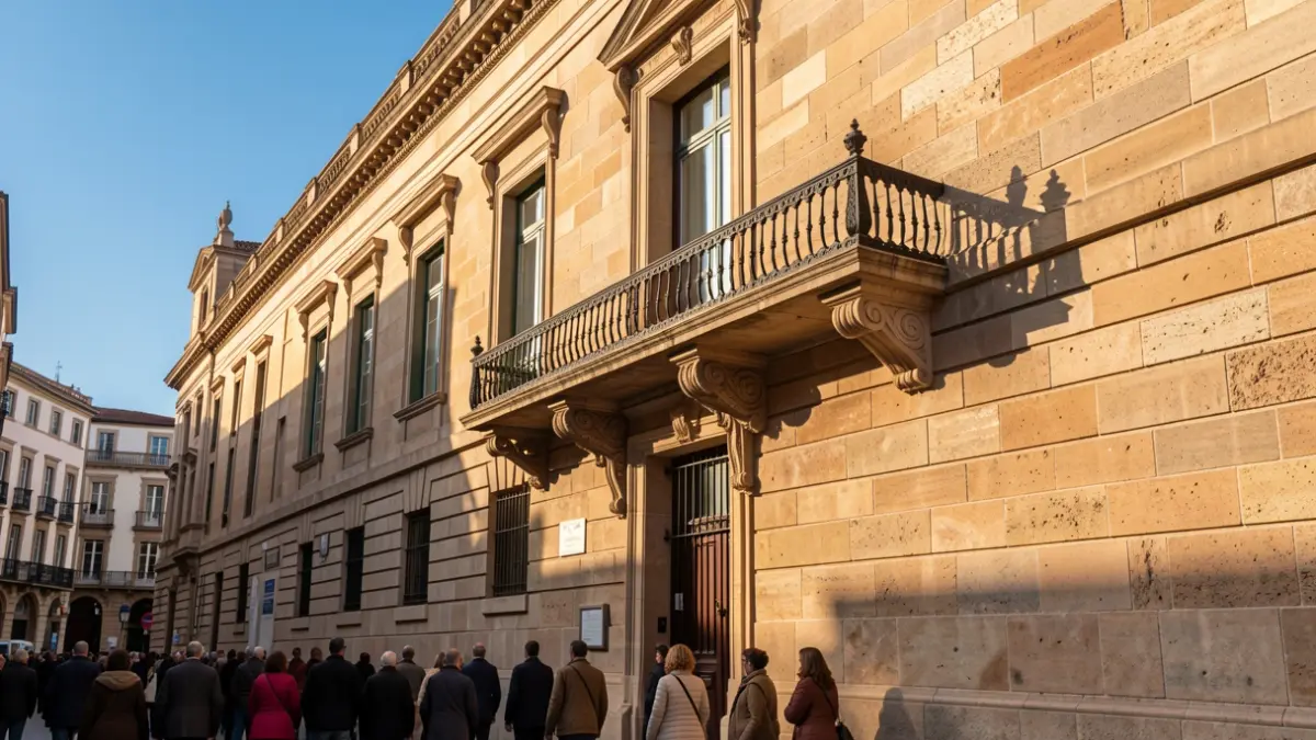 Imagen genérica de un ayuntamiento con balcón y luz de tarde.