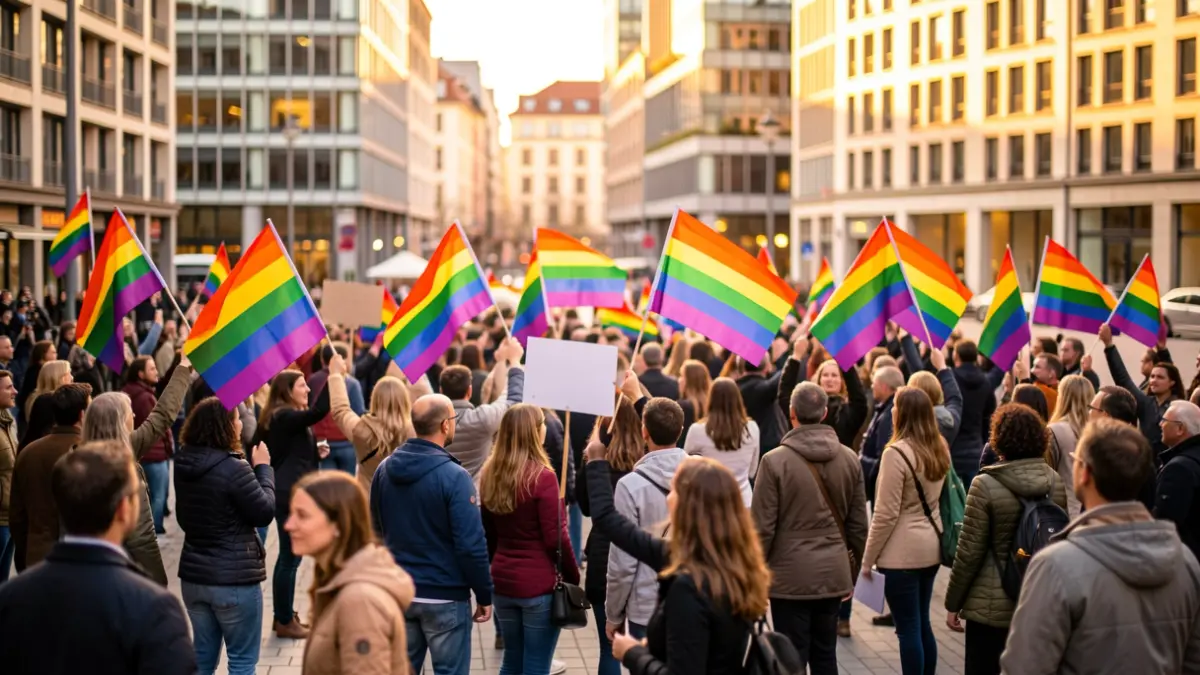 Manifestació per l'Orgull LGTBI+ a Barcelona amb pancartes i banderes arc de Sant Martí.