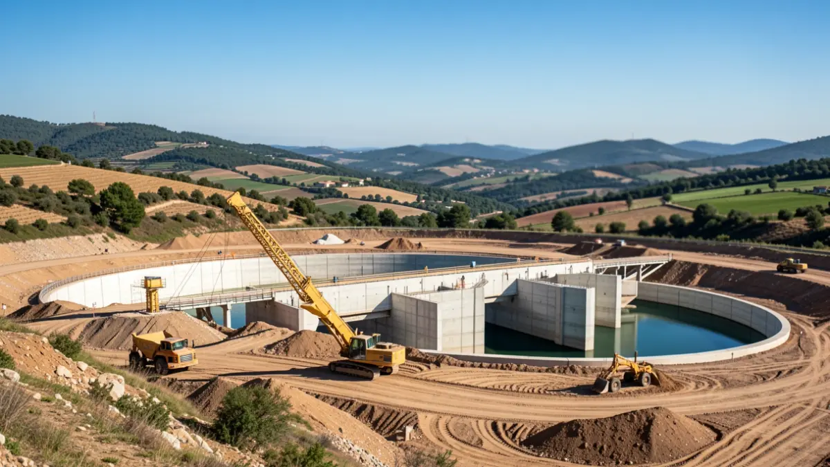 Imatge genèrica de les obres de construcció de grans basses d'aigua en un paisatge rural català.