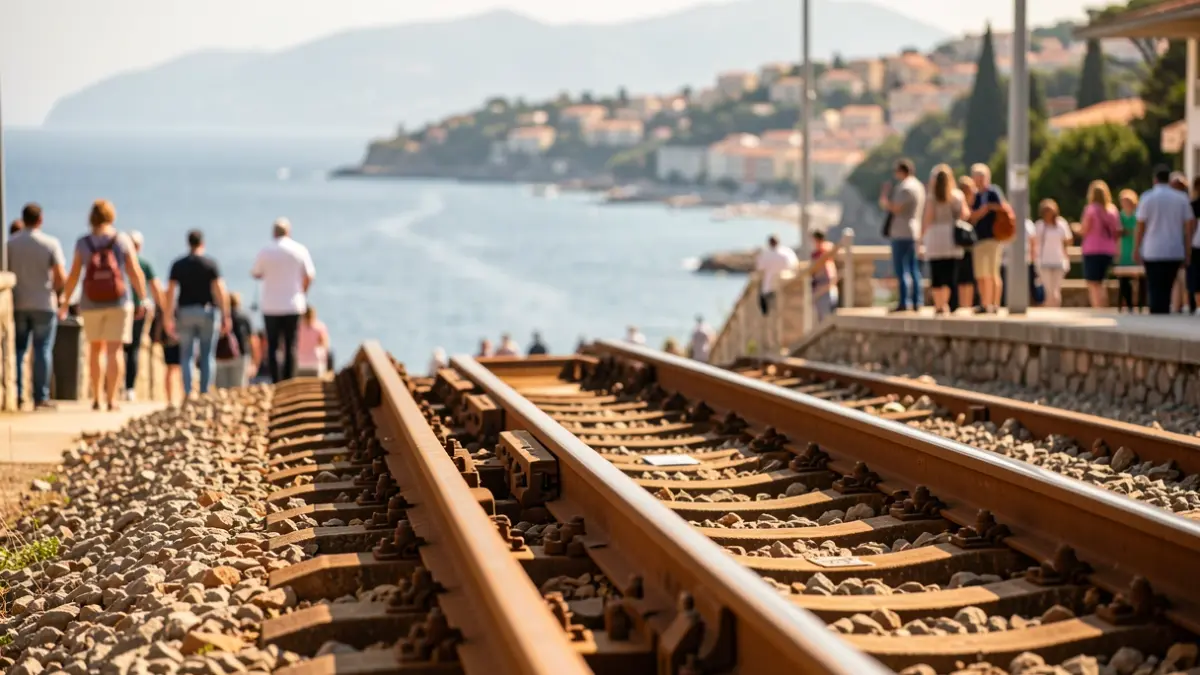 Imagen genérica de vías de tren con el mar y una población costera al fondo.