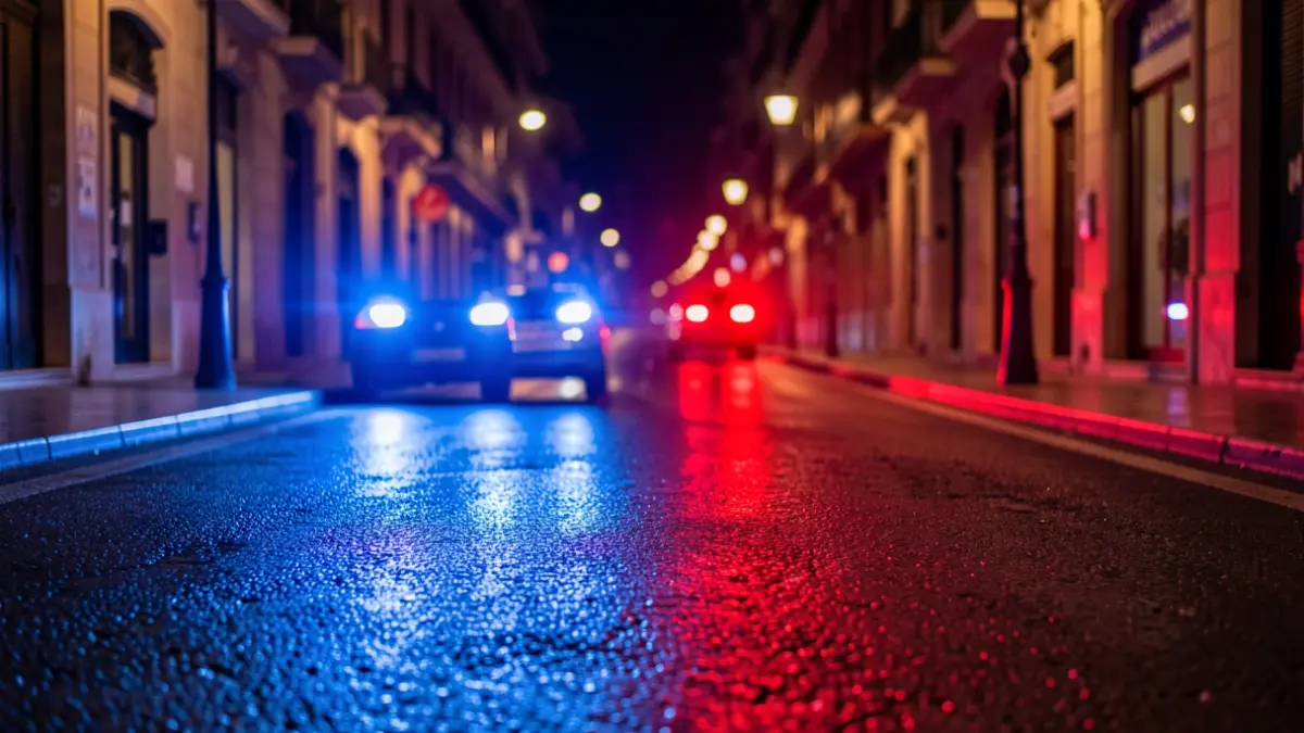 Imagen genérica de luces de emergencia policiales reflejándose en asfalto mojado en Barcelona.