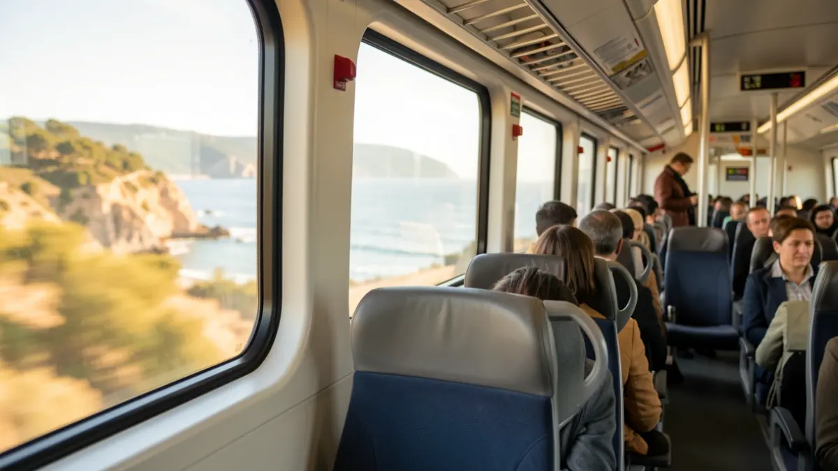 Imatge genèrica de l'interior d'un tren amb paisatge costaner al fons.