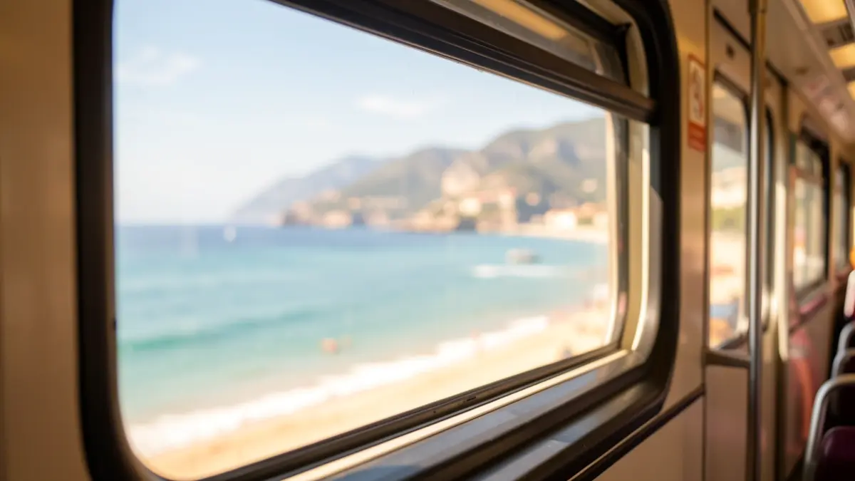 Renfe commuter train window with a view of a sunny beach.