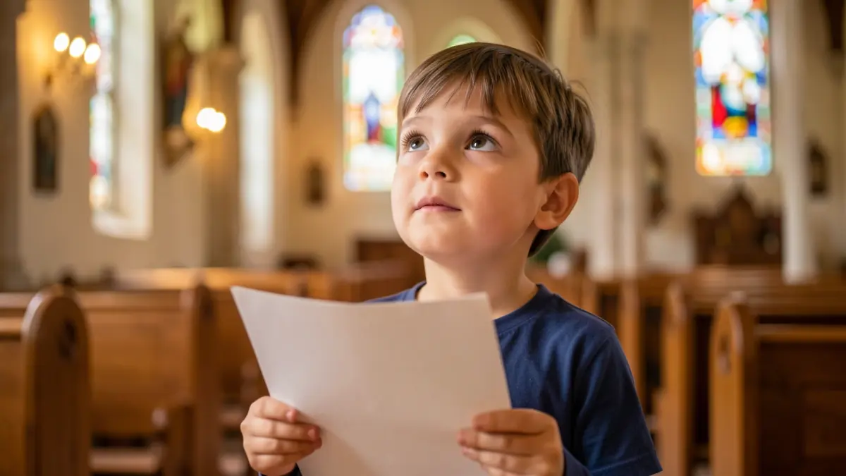 Boy reading a letter inside a church.