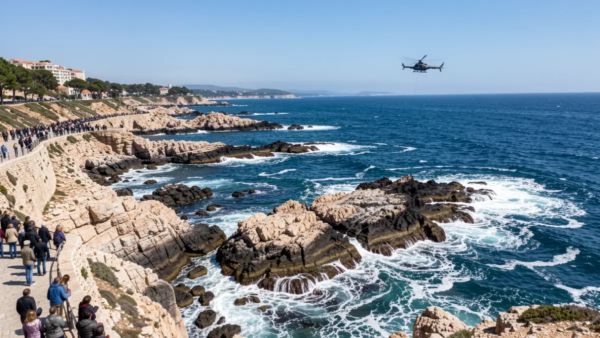 Vista aèria de la costa rocosa de la Costa Brava amb un helicòpter de recerca.