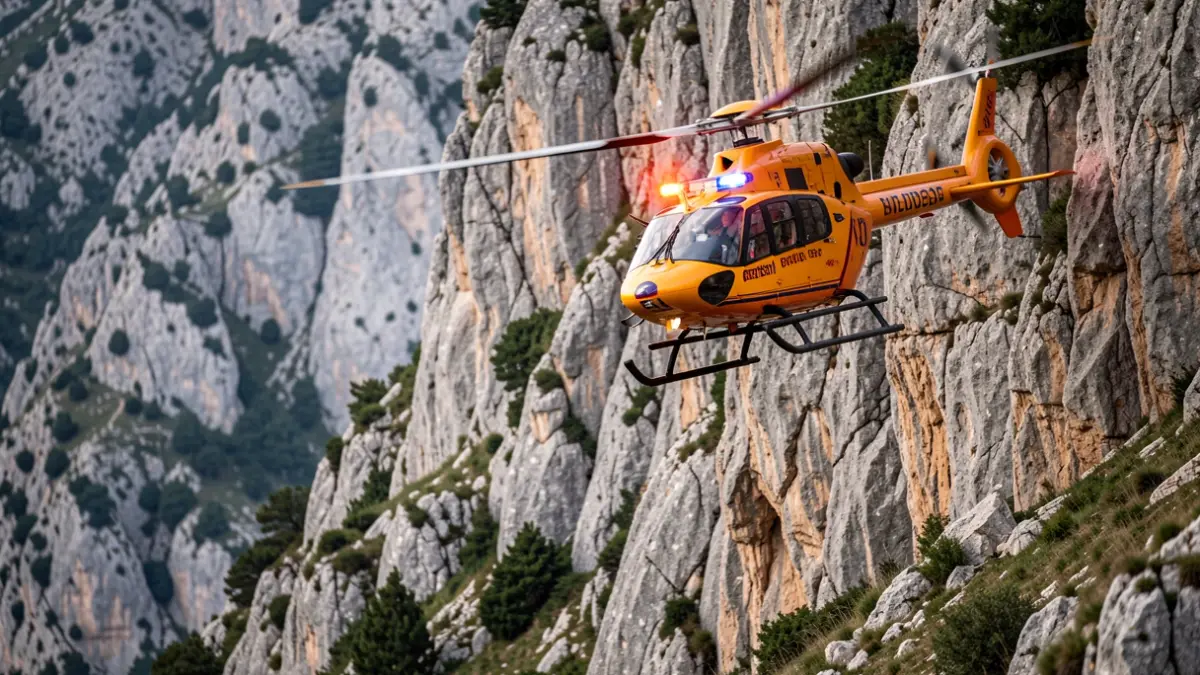 Rescue helicopter hovering over a rocky mountain in Saldes, Catalunya, during an emergency operation.