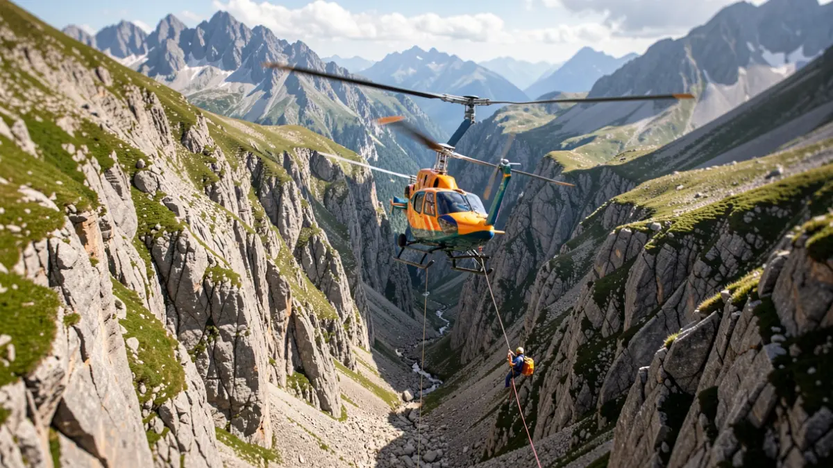 Helicóptero de rescate sobre un barranco en el Alt Urgell.