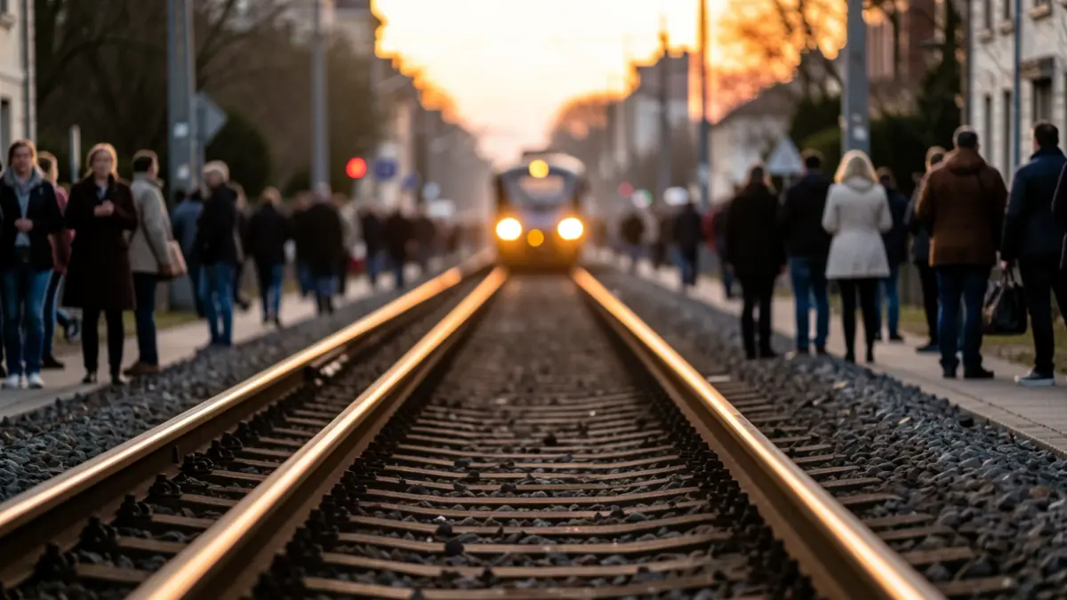 Generic image of train tracks with blurred lights in the background.