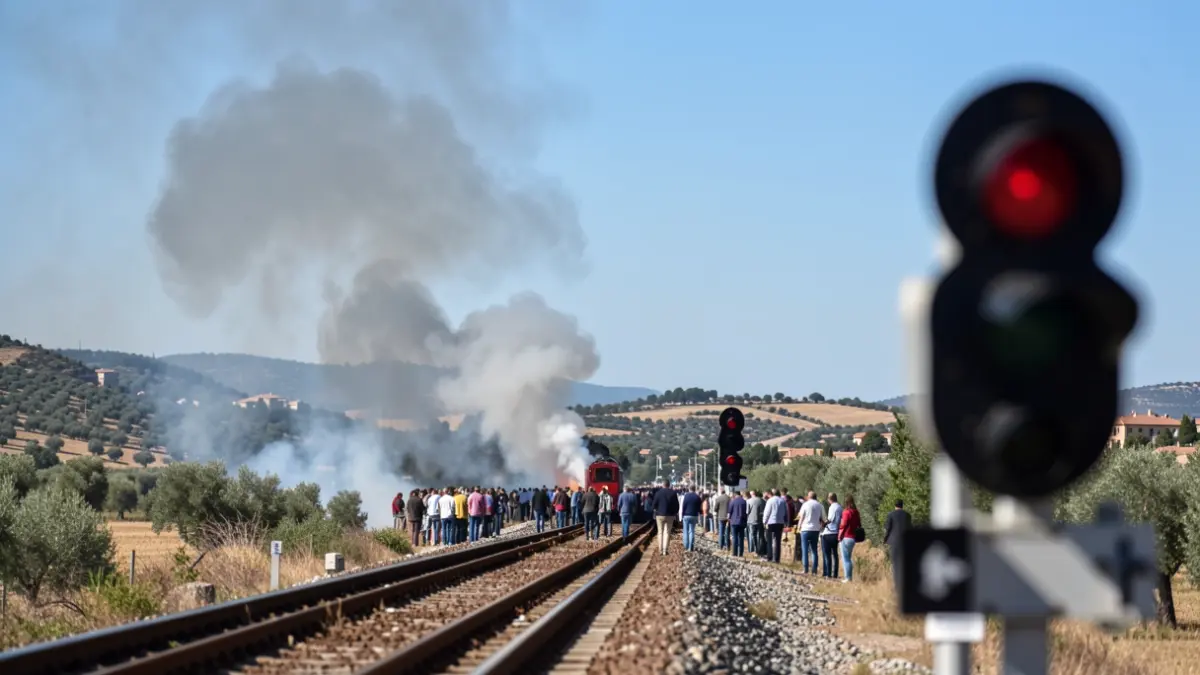 Generic image of smoke rising from a fire near train tracks.