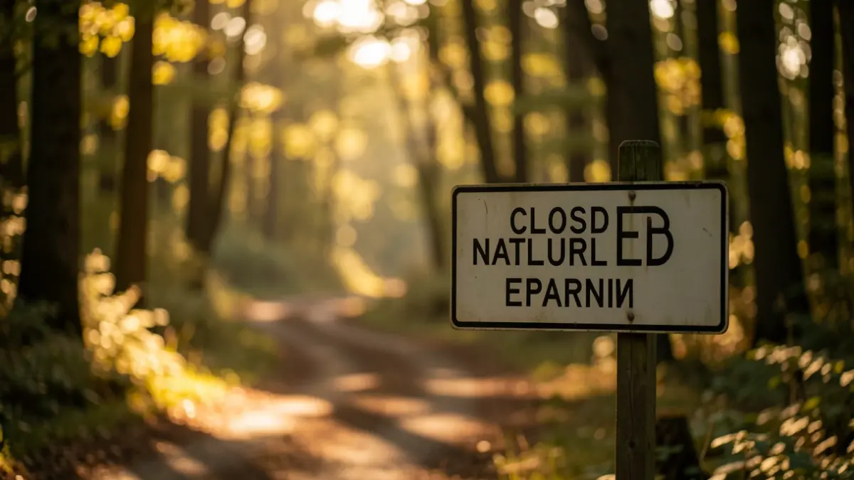 Generic image of a closed forest path with a sign.