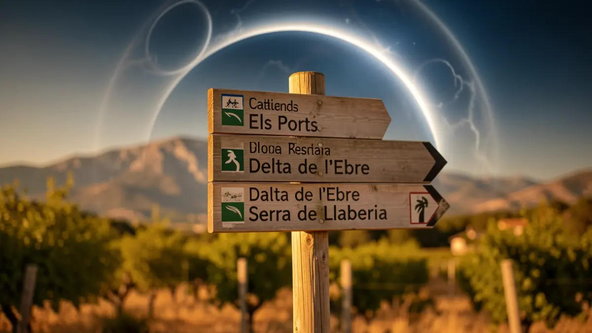 Señal indicando el acceso a parques naturales del Ebro con un cielo que sugiere un eclipse.