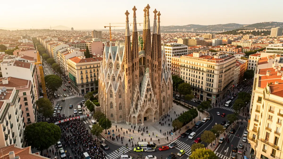Vista aérea de la Sagrada Familia en Barcelona con afectaciones de tráfico y presencia policial.