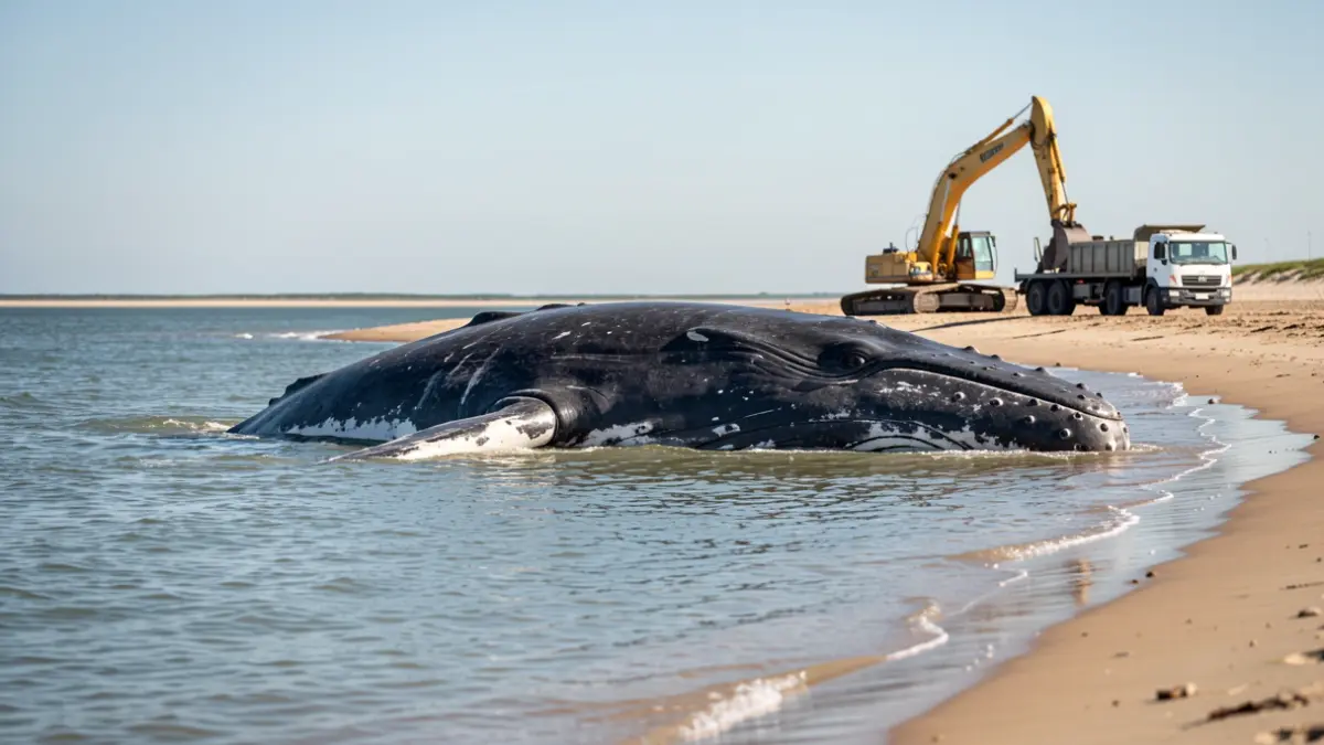 Operativo de retirada de un cadáver de ballena en la playa de l'Almadrava, Vandellòs y l'Hospitalet de l'Infant.