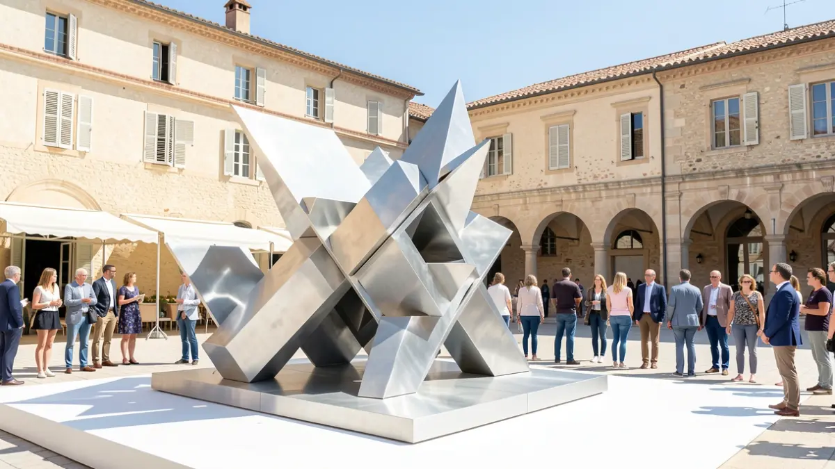 Modern art installation in an open-air space with Mediterranean architecture.