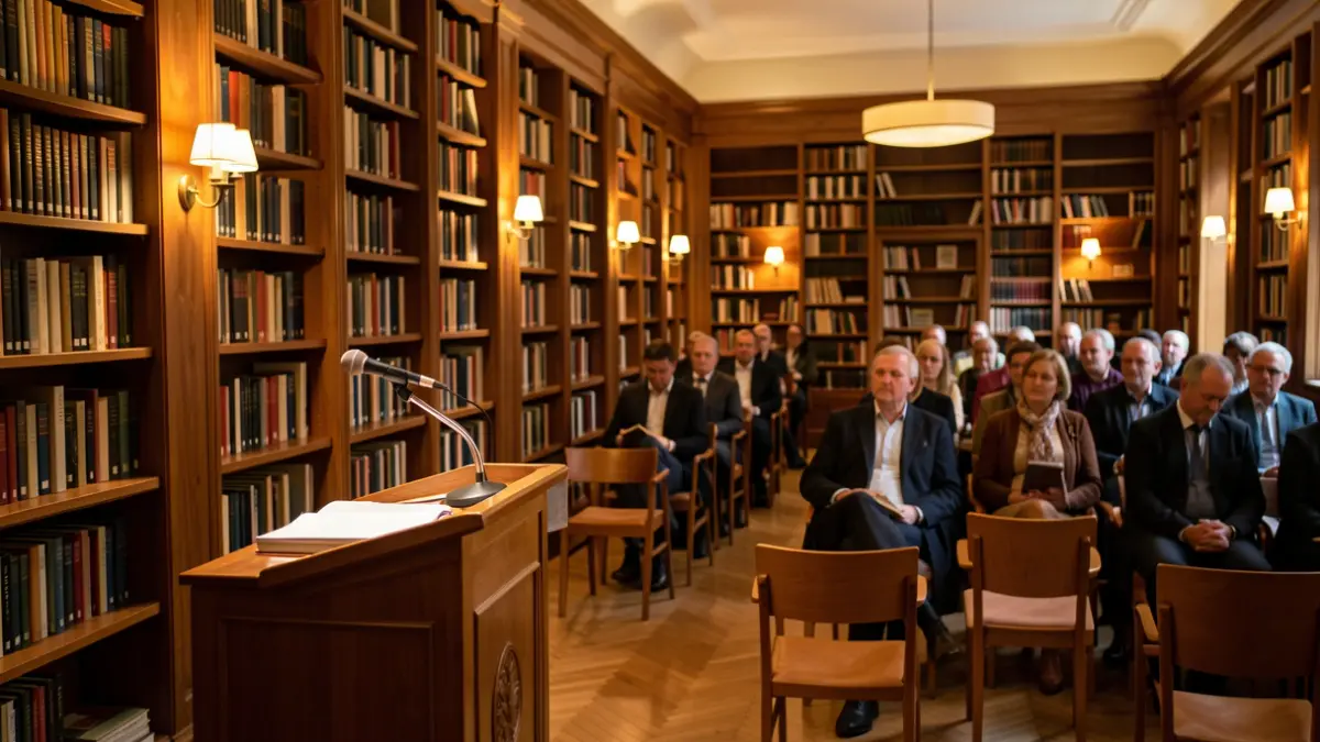 Interior d'una biblioteca amb prestatgeries de fusta i il·luminació càlida.