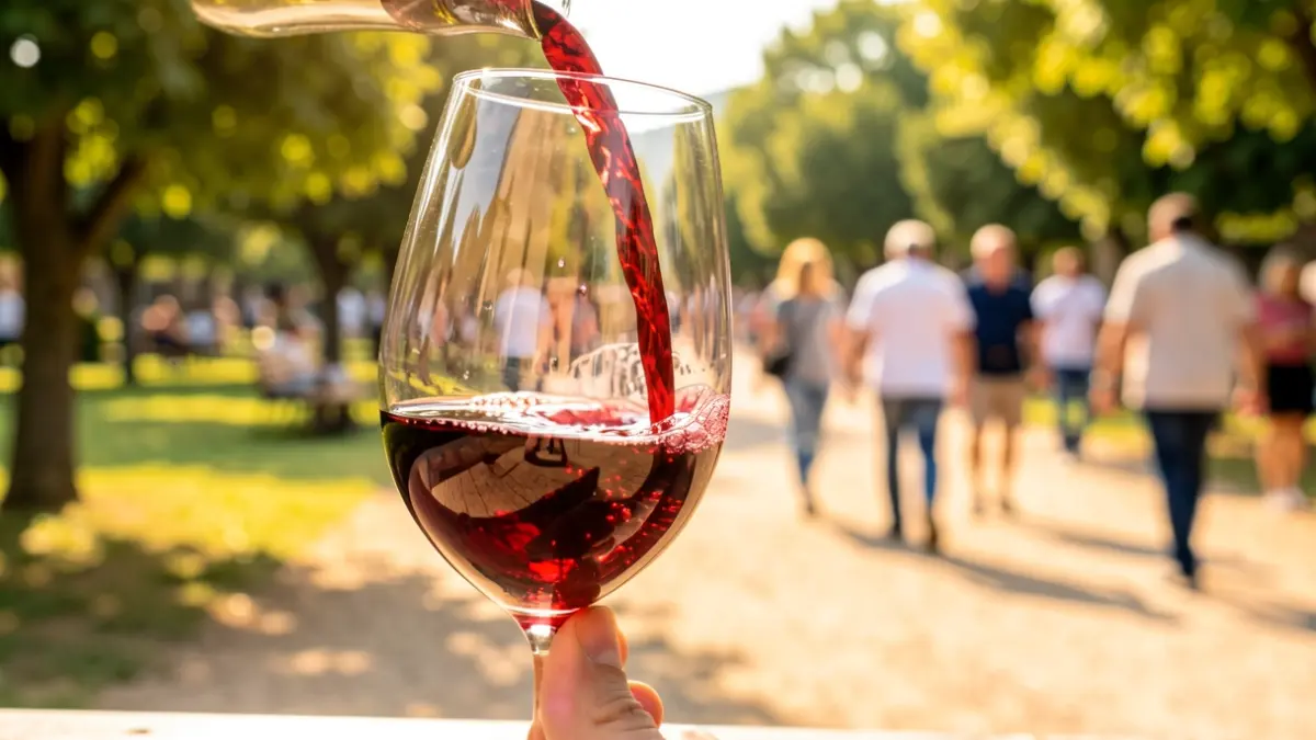 Generic image of a wine glass in an outdoor fair setting.