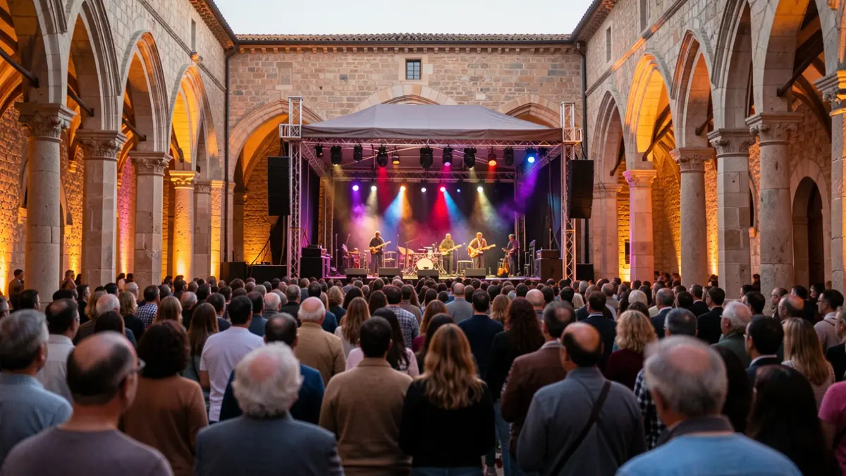 Music festival stage in the cloister of a historic monastery in Catalunya.