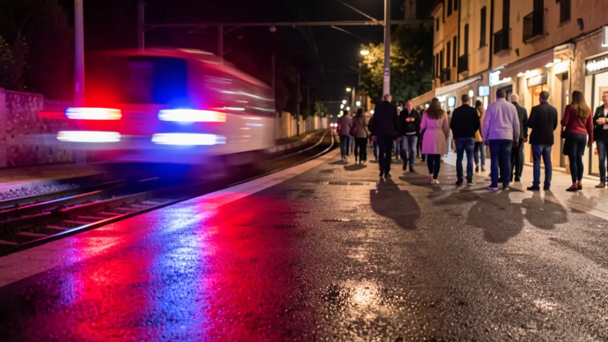 Generic image of emergency lights reflecting on wet asphalt at night.