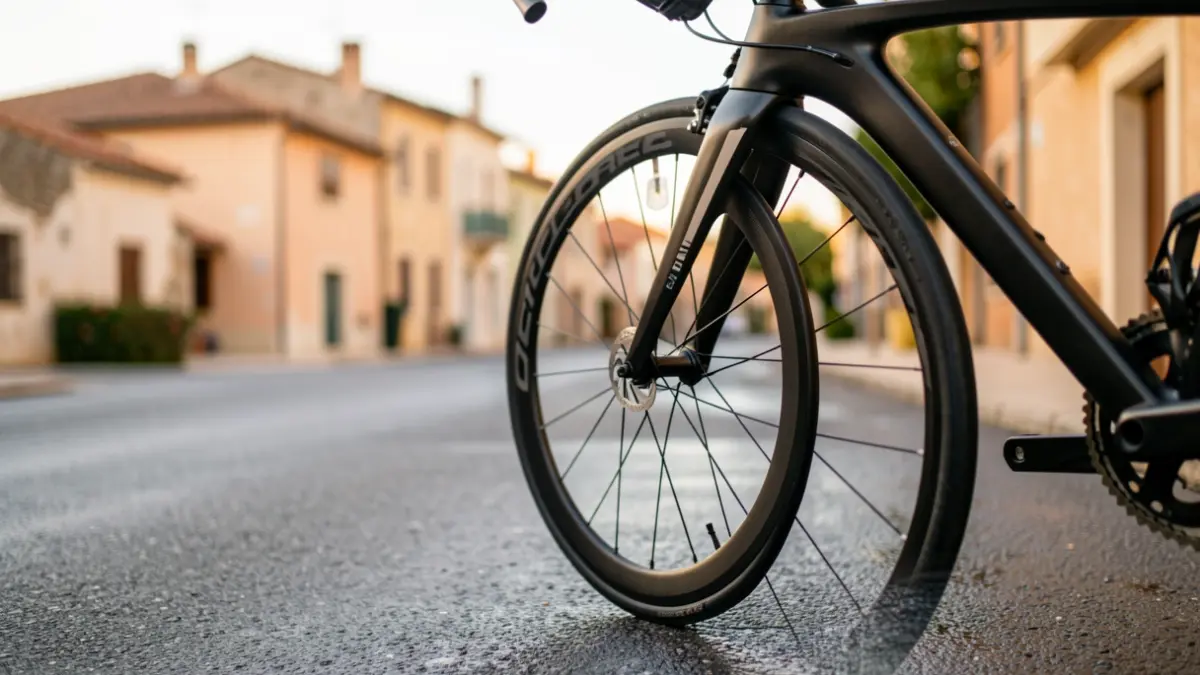 Rueda y cuadro de una bicicleta de carretera de alta gama con diseño personalizado, aparcada en una calle mojada de Santa Susanna.