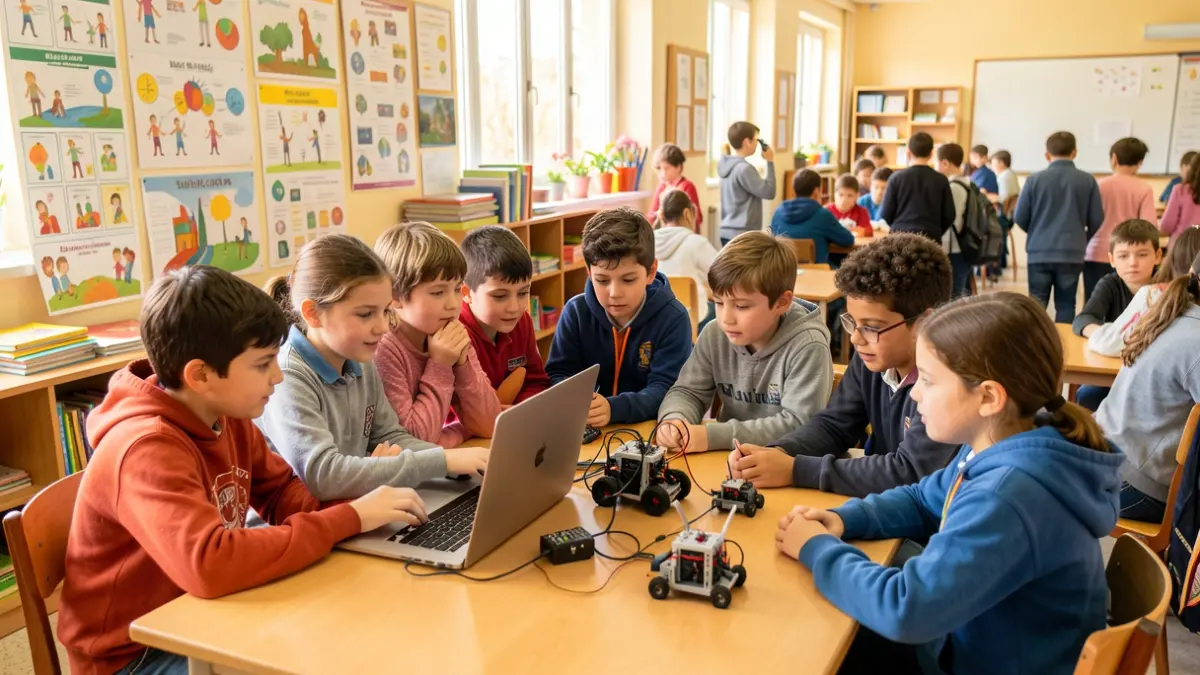 Nens i nenes treballant en un projecte de robòtica a l'escola.