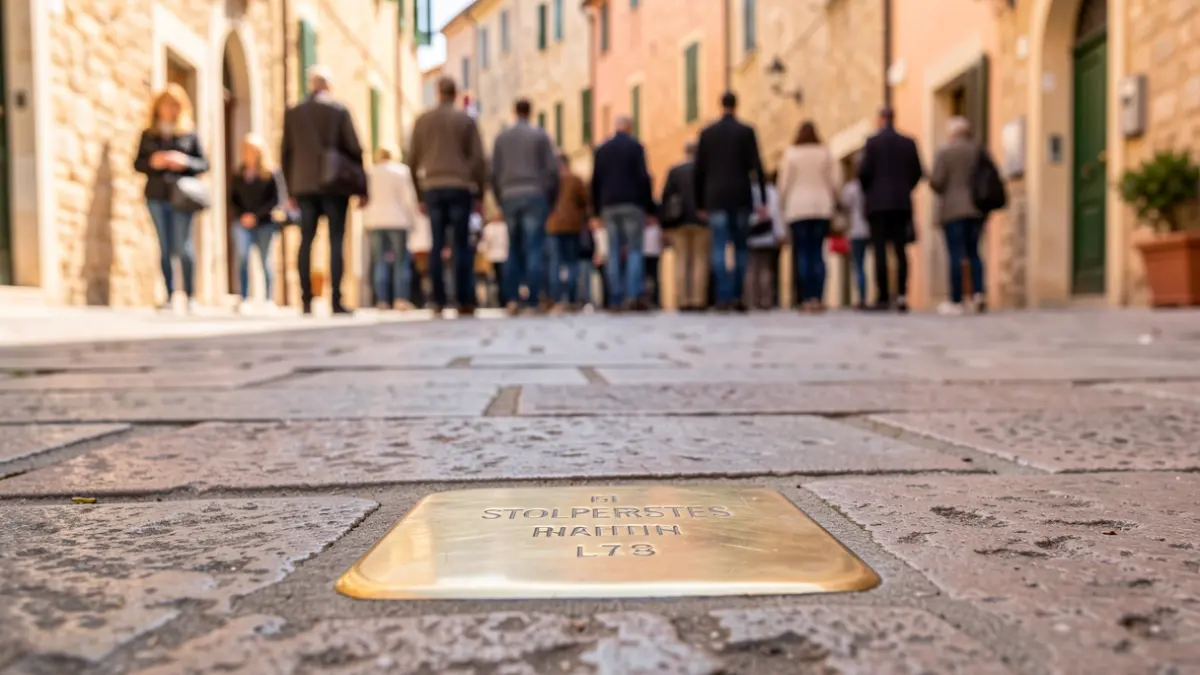 Adoquín Stolpersteine instalado en el pavimento de una calle.